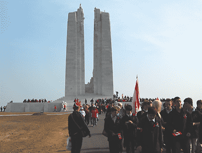 The Vimy memorial, with crowds gathering around it